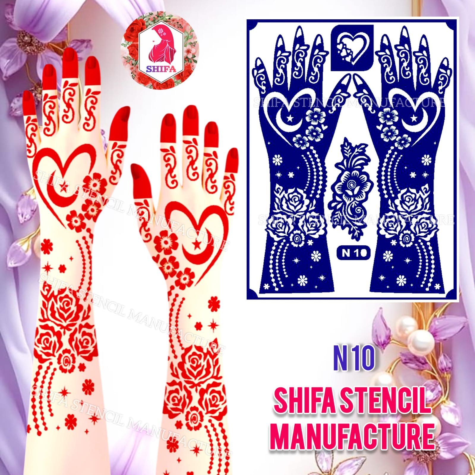 N 10 Ruby Crescent Romance Sticker Overview Henna Stencil - Shifa Stencil
